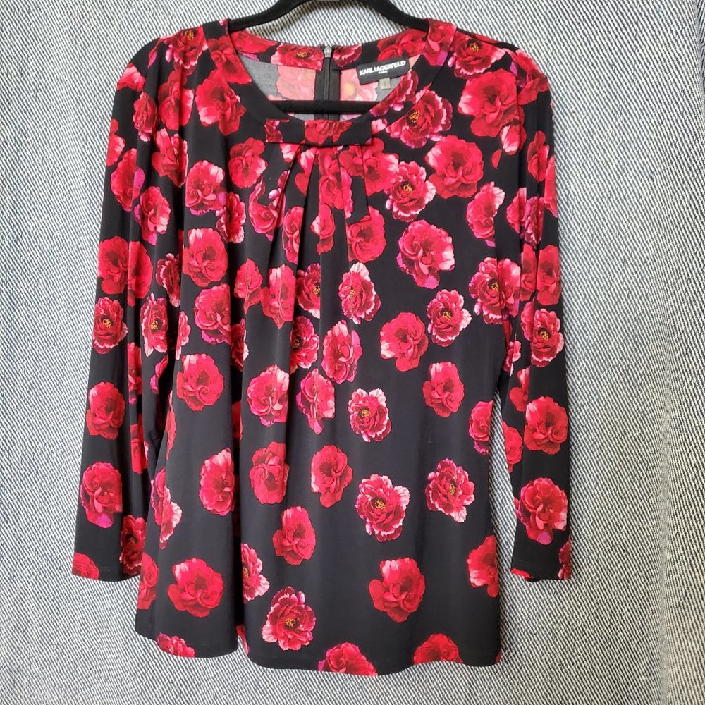 Karl Lagerfeld - Large - Black with Red Roses Top - Long Sleeve - EUC